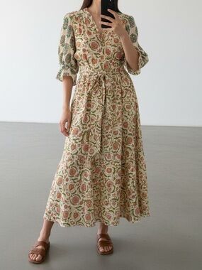 Zara Floral Block Print Maxi Dress Boho Cottagecore Tiered Cotton